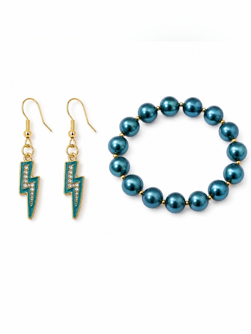 Teal Lightning Bolt Rhinestone Dangle Earrings Faux Pearl Stretch Bracelet Set
